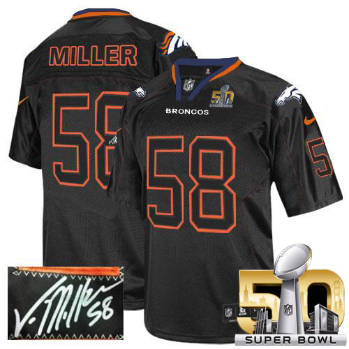 Nike Broncos #58 Von Miller Lights Out Black Super Bowl 50 Men's Stitched NFL Elite Autographed Jersey - Click Image to Close